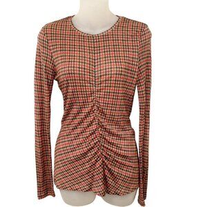 HUGO BOSS Women's Houndstooth  Egila Print Top Wool Blend Ruched Seam sz S